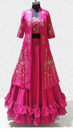 Rani Pink Paper Silk Koti Style Lehengha Choli Blouse With Koti Style, Net Koti Style Kurti, Koti Style Kurti, Pink Kurti, Net Gowns, Style Kurti, Rani Pink, Hanging Diy, Designer Bridal Lehenga