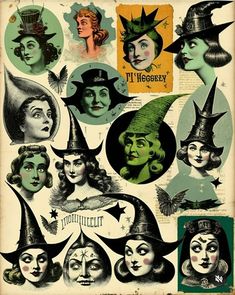 an old poster with many witches on it's face and head, all in different hats