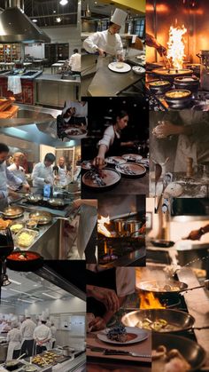 a series of photos showing chefs in the kitchen and on the stove, cooking food