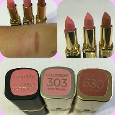 L'Oreal Colour Riche pale pinks and brown Lipstick Swatches. Julianne's Delicate Rose. 303 Rose Tendre. 630 Beige A Nu. Rose Brown Lipstick, Brown Lipstick Swatches, Loreal Color Riche, Beige Lipstick, Natural Glowy Makeup, Rose Lipstick, Brown Lipstick, Rosé Brown