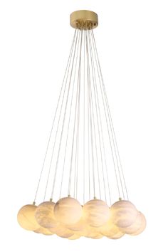 a chandelier with five lights hanging from it's center and six balls on the bottom