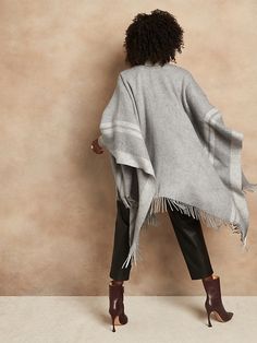 Cozy Winter Poncho With Fringe, Oversized Fringe Cape For Winter, Wool Poncho For Layering In Fall, Cozy Wool Poncho For Layering, Fringe Trim, Lovely Print, Kimonos, Banana Republic, Wool Blend