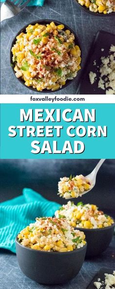 mexican street corn salad in a black bowl and on a blue background with text overlay