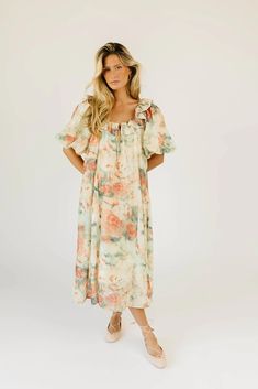 this vintage-inspired puff sleeve maxi dress is guaranteed to be your new go-to. it features a dainty ruffle neckline, dramatic puff sleeves, + a chic muted abstract floral pattern. with its relaxed silhouette + flowy shape, it’s the perfect maxi dress to pair with your favorite heels, boots, sandals, or sneaks.  water Puff Sleeve Maxi Dress, Floral Dress Formal, Floral Dresses Long, Floral Fit, Puff Sleeve Dress, Fall Fits, Heels Boots, Sleeve Maxi Dress, Floral Dresses