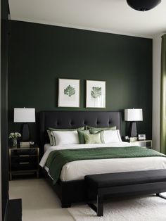 a bedroom with green walls and white carpeted flooring, two framed pictures above the bed