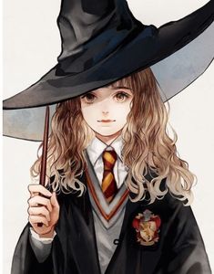 a drawing of a girl wearing a harry potter hat and holding a wand in her hand