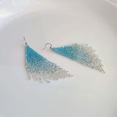 Elegant Light Blue Beaded Drop Earrings, Blue Dangle Earrings With Silver Beads, Blue Silver Beads Drop Earrings, Blue Earrings With Silver Beads, Blue Silver Beaded Drop Earrings, Silver Long Drop Beaded Earrings, Fringe Earrings, Chandelier Earrings, Free Jewelry