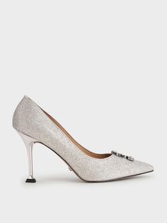 Silver Wedding Collection: Glitter Gem-Embellished Pumps - CHARLES & KEITH US Black Evening Dress, Glitter Clutch, Kids Belt, Glitter Pumps, Embellished Heels, Silver Belt, Silver Belts, Black Evening Dresses, Charles Keith