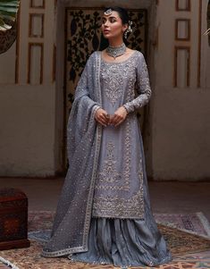 Grey Pakistani Wedding Dress in Kameez Sharara Style Faiza Saqlain, Pakistani Formal Dresses, Desi Wedding Dresses, Raw Silk Fabric, Pakistani Wedding Dress, Silk Bottoms, Amritsar, Grey Dress, Boutique Fashion