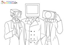 three people in suits and ties are standing together with their faces covered by cubes