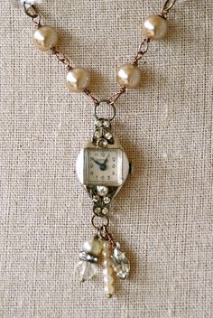 This is an 18 antique brass necklace.Vintage faux glass pearls with vintage crystal chandelier prisms are linked to the necklace. It features an Recycled Jewelry, Upcycled Jewelry, A Necklace