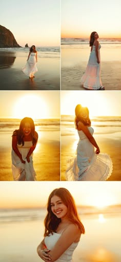 a woman in white dress standing on the beach at sunset