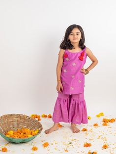 Girls Lilac Chanderi Embroidered Sharara Set (Set of 2) By Mr Brat now available at Trendroots Angrakha Lehenga, Angrakha Dress, Lilac Fabric, Embroidered Sharara, Kids Ethnic Wear, Lehenga Blouse, Sharara Set, Blouse Length, Best Deal