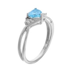 A heart-shaped simulated aquamarine gemstone serves as the focal point to this beautiful ring, while shimmering diamond accents add eye-catching style. Click on this JEWELRY & WATCHES GUIDE to learn about fit, styles, materials and more!RING DETAILS Width: 6.5 mm Metal: 10k white gold Packaging: boxed STONE DETAILS Stone type: simulated aquamarine Total weight: 3/4 ct. Center stone size: 6 mm Shape: heart Setting: prong DIAMOND DETAILS Total weight: less than 1/10 ct. Shape: single cut Setting: Blue Topaz Rings With Gemstone Accents For Promise, Blue Pear-shaped Birthstone Ring, Aquamarine Rings With Gemstone Accents For Promise, Oval Heart Birthstone Ring Fine Jewelry, Blue Heart Cut Ring With Brilliant Cut, Classic Blue Heart Cut Ring, Classic Blue Heart Cut Rings, Elegant Blue Heart Ring With Gemstone, Heart Cut Blue Topaz Rings For Anniversary