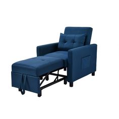 a blue chair with a footstool next to it