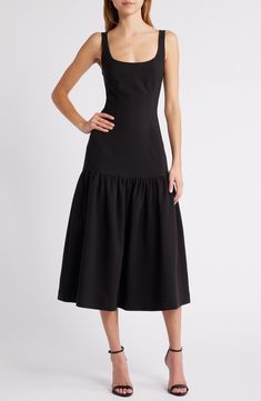 Gracefully scooped necklines on the front and back lend an air of elegance to this timeless dress that has sumptuous stretch. 47" length Hidden back-zip closure Scoop neck Sleeveless Partially lined 92% polyester, 8% elastane Hand wash, line dry Imported Black Midi Dress With Fitted Bodice And Straight Neckline, Elegant Dress With Square Neck, Elegant Scoop Neck Evening Dresses, Elegant Square-neck Midi Dress In Elastane, Elegant Square Neck Midi Dress In Elastane, Black Square Neck Dress In Elastane, Black Dress With Ruched Bodice And Straight Neckline, Elegant Fit And Flare Midi Dress With Straight Neckline, Chic Scoop Neck Maxi Dress For Evening