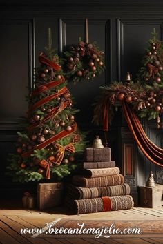 a christmas tree is next to some books