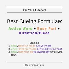 the best cueing formulae for body part and direction / place to use it