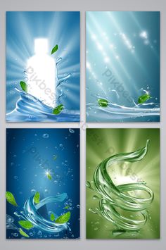 four different pictures with water and green leaves on the bottom one is blue, the other has