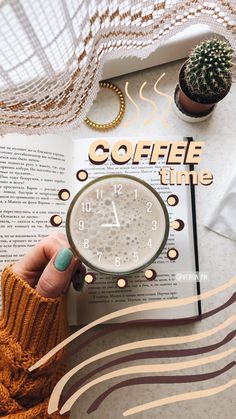 a person holding a magnifying glass in front of a book with coffee time written on it