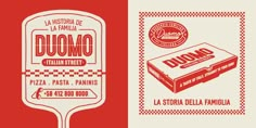 two different types of food are shown in red and white, with the words duomo written