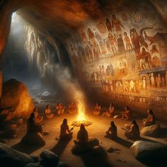 some people are sitting around a campfire in a cave with paintings on the walls