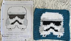 a crocheted star wars stormtrooper is next to a square with the image of an angry trooper on it