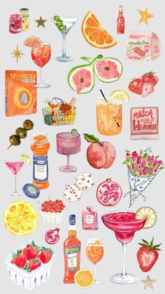 watercolor painting of various types of food and drinks on a gray background with stars