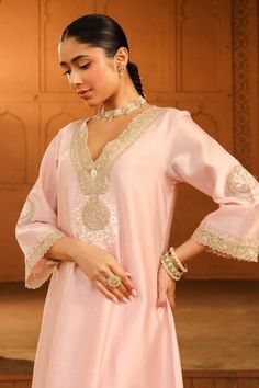 Blush pink silk chanderi kurta with kashmiri tilla and parsi gara embroidery. Comes with satin silk salwar. - Aza Fashions Pink Silk Kurta With Cutdana Detail, Pink Silk Kurta With Cutdana, Pink Silk Kaftan With Zari Work, Pink Resham Embroidery Kaftan For Diwali, Designer Pink Kaftan For Diwali, Pink Kaftan For Diwali, Pink Raw Silk Kurta With Cutdana, Pink Zari Work Kaftan For Weddings, Pink Zari Work Kaftan For Diwali