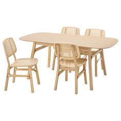 a wooden table with four chairs next to each other on a white background in front of a white backdrop