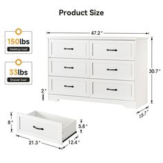 the white dresser has drawers and is next to it's measurements for each drawer