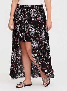 Torrid Black Floral Gauze Overskirt ShortBlack Floral Gauze Overskirt Short, APRIL FLORAL Rock Concert Outfit, Ruffle Maxi Skirt, Skirt With Shorts, Folk Rock, Knit Shrug, Tulip Skirt, Floral Maxi Skirt, Gauze Fabric, Chiffon Maxi