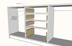 an open closet with shelves and drawers labeled