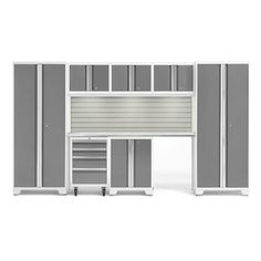 an image of a garage storage unit with doors open and shelves on each side,