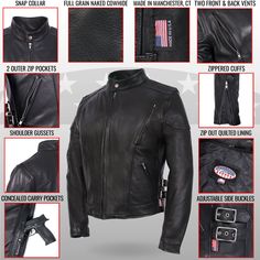 Full Grain Naked Cowhide Silver Hardware Zippered Cuffs Snap Button Collar Two Front Pockets Zip Out Quilted Lining Shoulder Gussets Two Front Vents Two Back Vents Adjustable Side Buckle Inside Pocket with Snap Closure YKK Premium Metal Zippers 5 YEAR WARRANTY - This American Made leather jacket is backed by Hot Leathers 5 year warranty. Hot Leathers is proud to stand behind the quality and craftsmanship of this fine garment. All stitching and hardware is guaranteed against fault or defect for a Classic Black Biker Jacket With Button Closure, Black Biker Outerwear With Button Closure, Fitted Biker Outerwear With Button Closure, Black Biker Style Outerwear With Button Closure, Black Biker Jacket With Snap Buttons, Fitted Leather Jacket With Pockets For Motorcycling, Fitted Biker Jacket With Pockets For Motorcycling, Classic Black Biker Jacket With Snap Buttons, Fitted Biker Jacket With Snap Buttons