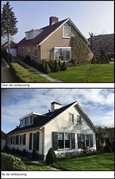 before and after shots of a house in the middle of two different pictures, one is white and the other has black shutters