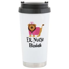 a stainless steel travel mug with a lion on it's side and the words er nurse elizabeth