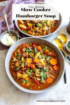 two bowls of slow cooker hamburger soup