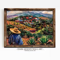 a painting of a man wearing a cowboy hat in front of a mountain town and cactus trees