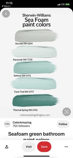 the color chart for sheryln williams's sea foam paint colors on an iphone