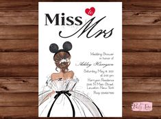 an image of a wedding card with the words miss and mickey mouse on it's back