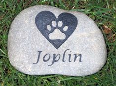 a rock with a paw print and the word joplinn written in black on it