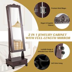 an advertisement for a jewelry cabinet with full length mirror and decorative door handle, featuring the image of a birdcage