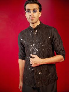 SHRESTHA By VASTRAMAY Men's Black Sequince Nehru Jacket Festive Long Sleeve Bandhgala With Sequins, Festive Long Sleeve Sequined Bandhgala, Traditional Sequined Bandhgala For Festivals, Traditional Bandhgala With Sequins For Festivals, Long Sleeve Nehru Jacket With Sequins For Party, Festive Long Sleeve Nehru Jacket With Sequins, Nehru Jacket With Zari Work For Party And Festivals, Festive Nehru Jacket With Zari Work For Parties, Party Nehru Jacket With Zari Work For Festivals