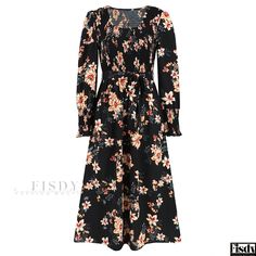 Fisdy - Vintage Long Sleeve Cable Knit Floral Maxi Dress with Round Neck Round Collar Dress, Robes Glamour, Vestidos Retro, Robes D'occasion, Floral Silhouette, Basic Skirt, Autumn 2023, Vintage Long Sleeve, Elegant Skirt