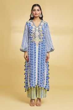 Royal blue bell sleeves kurta with all over phool block print and mirror, gota, cowrie shells hand embroidered yoke. Paired with a lime green-blue striped pant and pin striped gota embellished dupatta. - Aza Fashions Kurta Pant Set, Striped Pant, Cowrie Shells, Blue Bell, Kurta With Pants, Pants Pattern, Pant Set, Set For Women, Aza Fashion