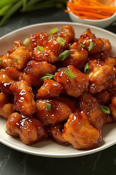 a white plate topped with chicken covered in sauce and garnished with scallions