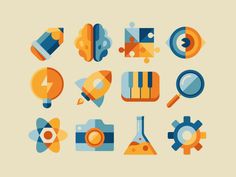 a set of colorful flat icons with different shapes and sizes, such as keys, magnifying glass, clock, gears, etc