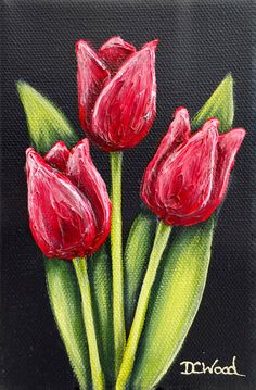 a painting of three red tulips on a black background