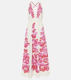 Cotton Dresses With Floral Print For Vacation, Floral Print Floor-length Maxi Dress For Daywear, Cotton Floral Sundress For Vacation, Pink Cotton Midi Dress For Garden Party, White Floor-length Maxi Dress With Floral Embroidery, Floor-length Floral Print Daywear Dress, Floor-length Floral Print Day Dress, Feminine Floral Embroidered Maxi Dress, Floral Embroidered Sundress Maxi Dress For Vacation